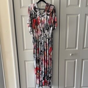 ONE WORLD Floral V-Neck Maxi Dress in Red, Pink & Black
